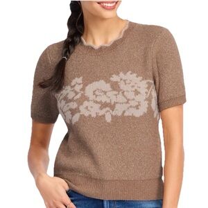 NEW DR2 By Daniel Rainn Women’s S/S Jacquard Floral Brown Sweater Size L NWT
